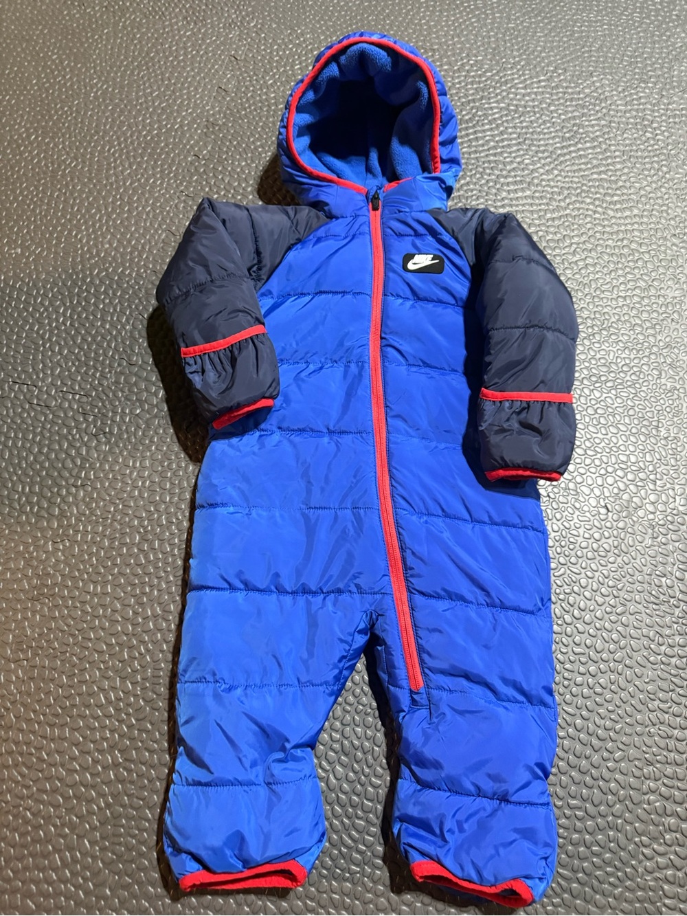 Nike Blue and Navy Puffer Kids One-Piece Snowsuit with Red Trim